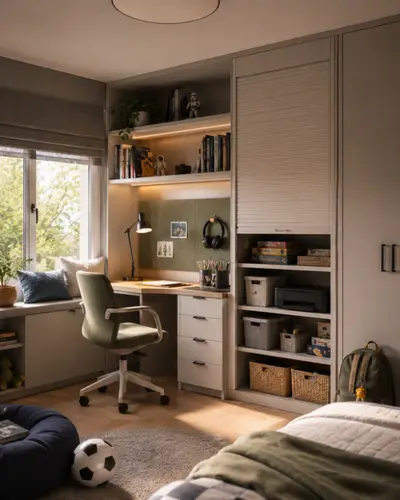 Mobilier cameră copil cu ușă rulou: jucăriile se strâng repede, podeaua rămâne liberă